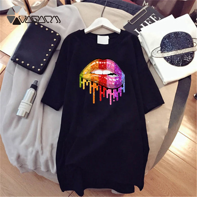 

Sexy Lips Dress for Women Korean Fashion Clothing Short Sleeve Sukienka Colorful Cartoon Vestido Casual Kawaii Designer Dresses