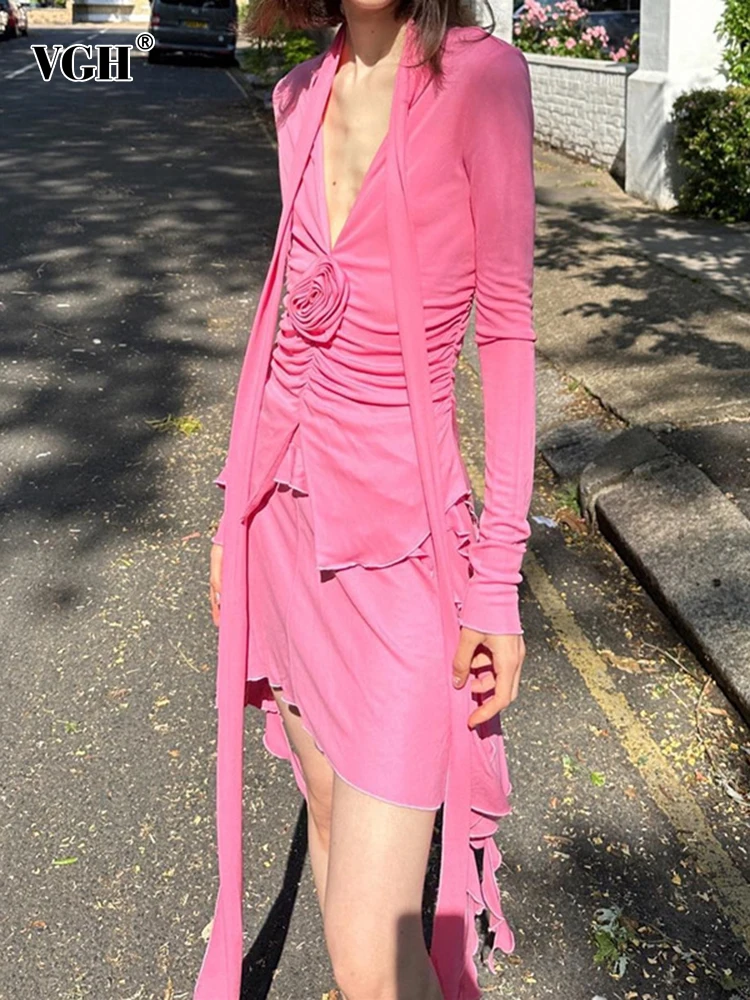 

VGH Folds Two Piece Set For Women V Neck Long Sleeve Patchwork Appliques Tops High Waist Spliced Lace Up Skirt Sexy Sets Female