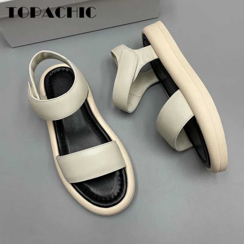 

7.3 High Quality Summer New Thick Flat Genuine Leather Hook & Loop Comfortable Outdoors Beach Sandal Women