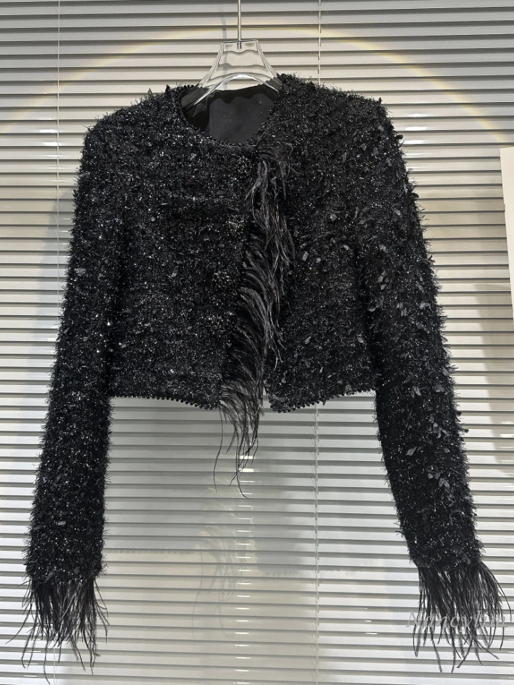 

2023 Autumn Light Luxury Wool Tweed Coat Womans New High-End Ostrich Raw Edge Bright Silk Tweed Short Coats Office Lady Outwear