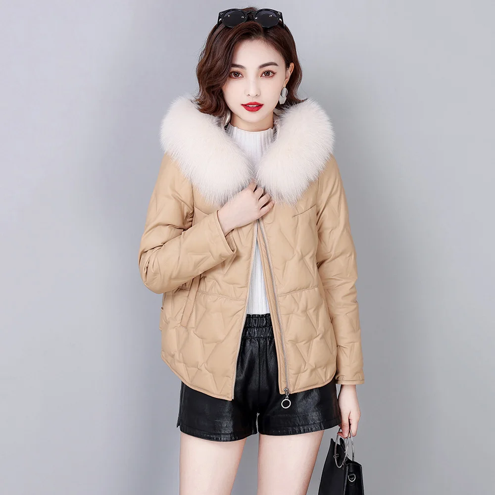 New Women Leather Down Jacket Autumn Winter Casual Fashion Hooded Real Fox Fur Collar Loose Thick Warm Sheepskin Down Coat