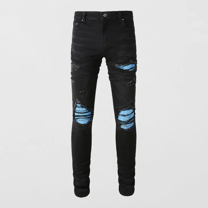 High Street Fashion Men Jeans Black Color Stretch Slim Fit Hole Ripped Jeans Men Patched Designer Hip Hop Brand Pants Hombre