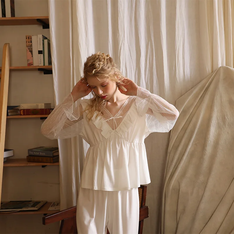 Women's Spring Autumn Sexy Lace Stitching V Neck Elegant Temperament Cotton Pajama Sets Sleepwear Pajamas Women's Sleep