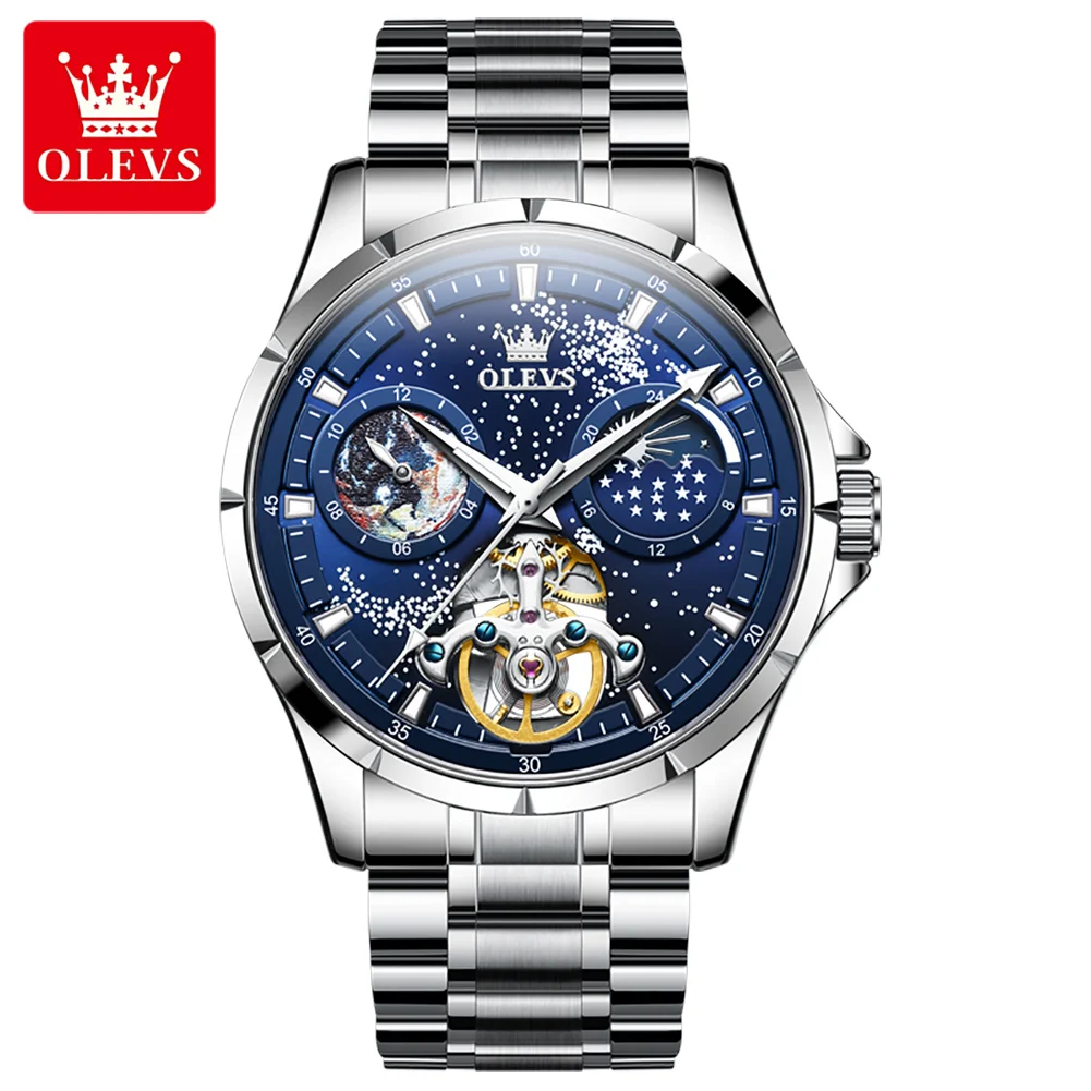 Olevs Original Men's Automati Mechanical Watches Skeleton Stars Moon Phase Watch For Men Waterproof Stainless Steel WristWatch