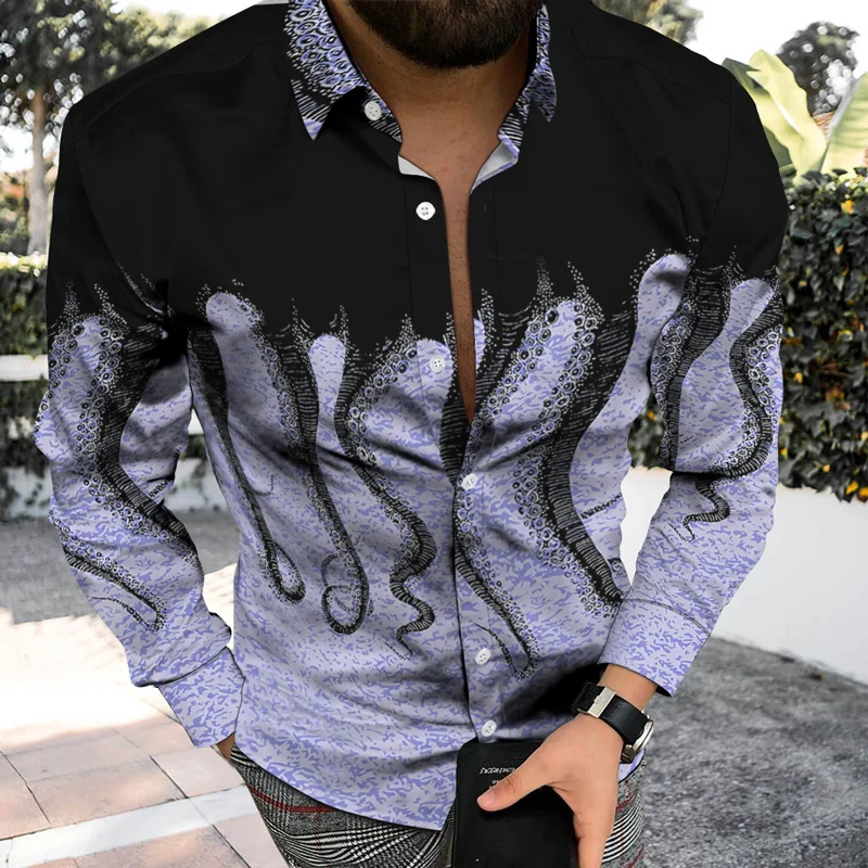 Streetwear Camisa Masculina Social Men Shirts Turn-Down Collar Chemise Homme Casual Octopus Print Long Sleeve Shirt Ropa Hombre