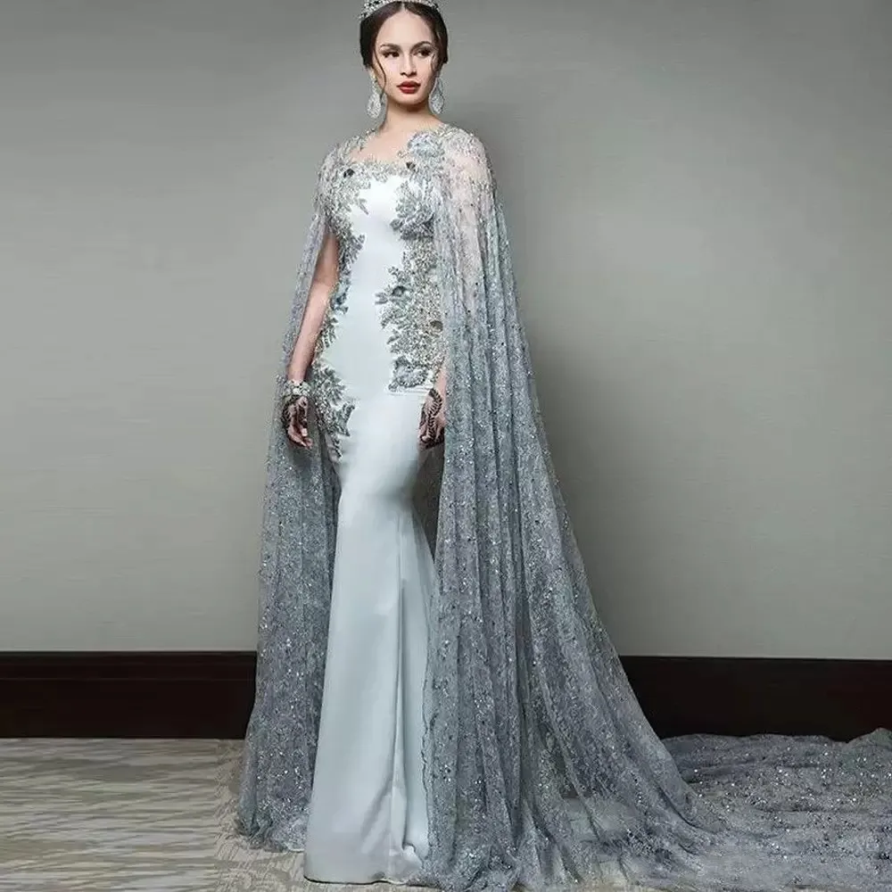 

Newest Abric Mermaid Evening Dresses with Cape Sleeve Jewel Neck Formal Evening Wear Sequined Sweep Train Celebrity Gowns