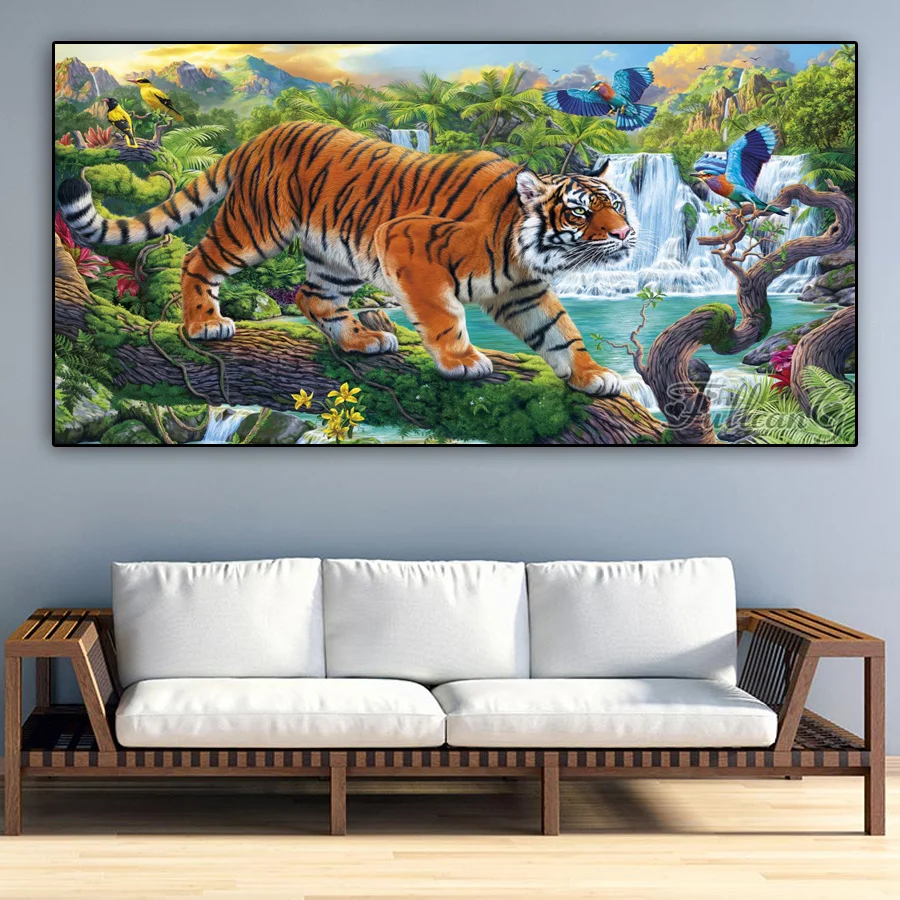 

FULLCANG Diy Diamond Arts Large Wild Animal Tiger Mosaic Painting Full Rhinestone Embroidery Mountain Waterfall Picture FG1722