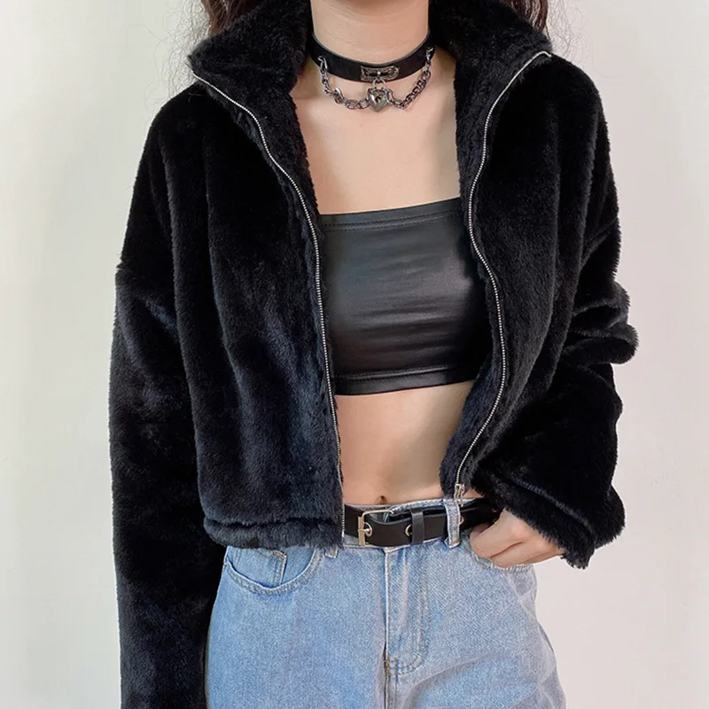 Women's Autumn and Winter Fashion Faux Fur All-match Nightclub Zipper Short Jacket Sexy Fur Coat Women Black Fur Coat
