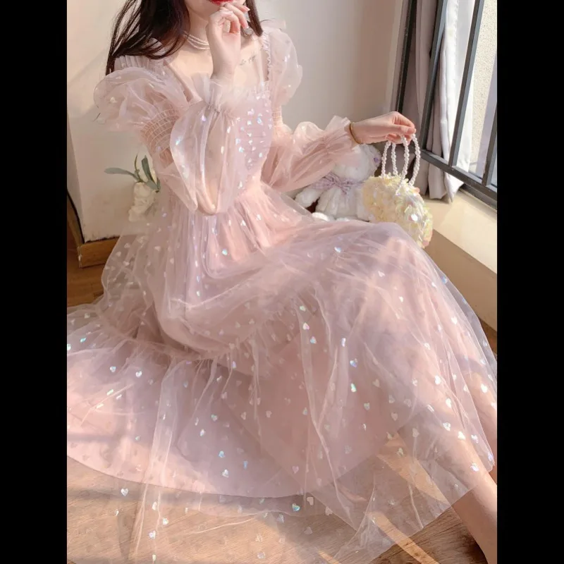 

High Street Fashion Mesh Party Dress Women Long Sleeve Pink Square Collar Lace Maxi Dresses Bodycon Vestidos Q490