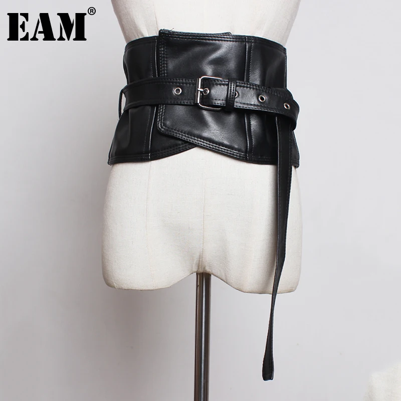 

[EAM] Pu Leather Black Buckle Long Wide Irregular Belt Personality Women New Fashion Tide All-match Spring Autumn 2023 1DF2103