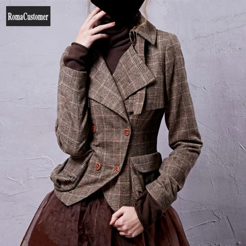 

Vintage British Style Slim Turn-Down Collar Short Jackets Fashion Trend Plaid Coat Double Breasted Suits Outerwear Female