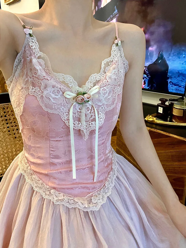 

Floral Vintage Elegant Strap Dress Women Lace France Sexy Evening Party Long Dresses Pink Sweet Princess Fairy Dress Summer 2022