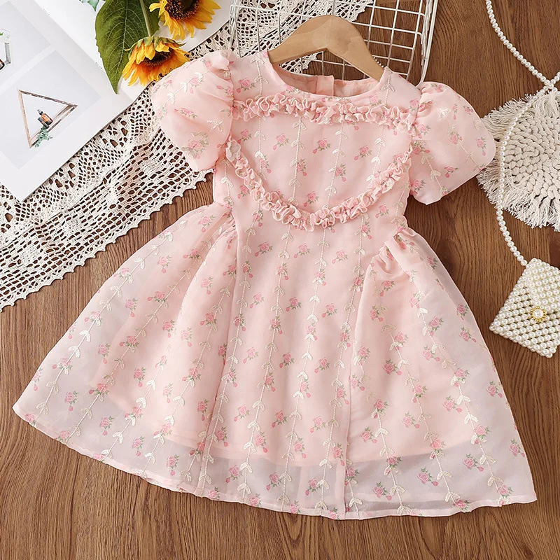 

Милая летняя детская одежда, кружевное платье принцессы с цветочной вышивкой и коротким рукавом, модный костюм для маленьких девочек в Коре...