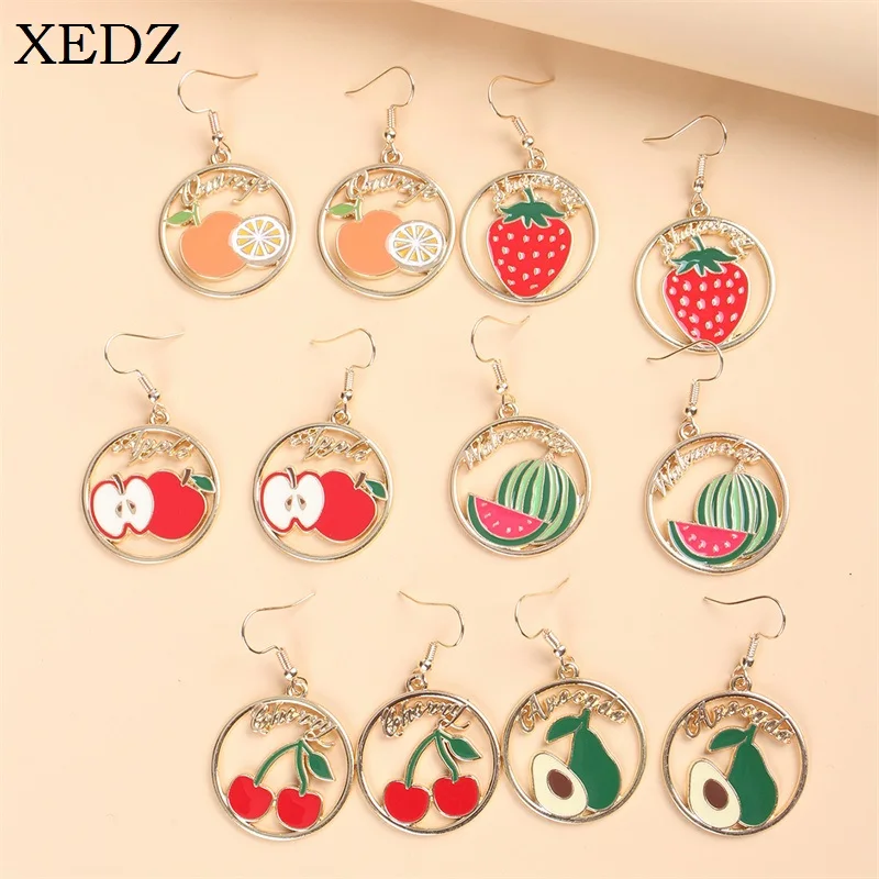 

Cartoon Cute Cherry Strawberry Enamel Pendant Earrings Fashion Korean Version Hollow Watermelon Fruit Earrings Girl Party Gift