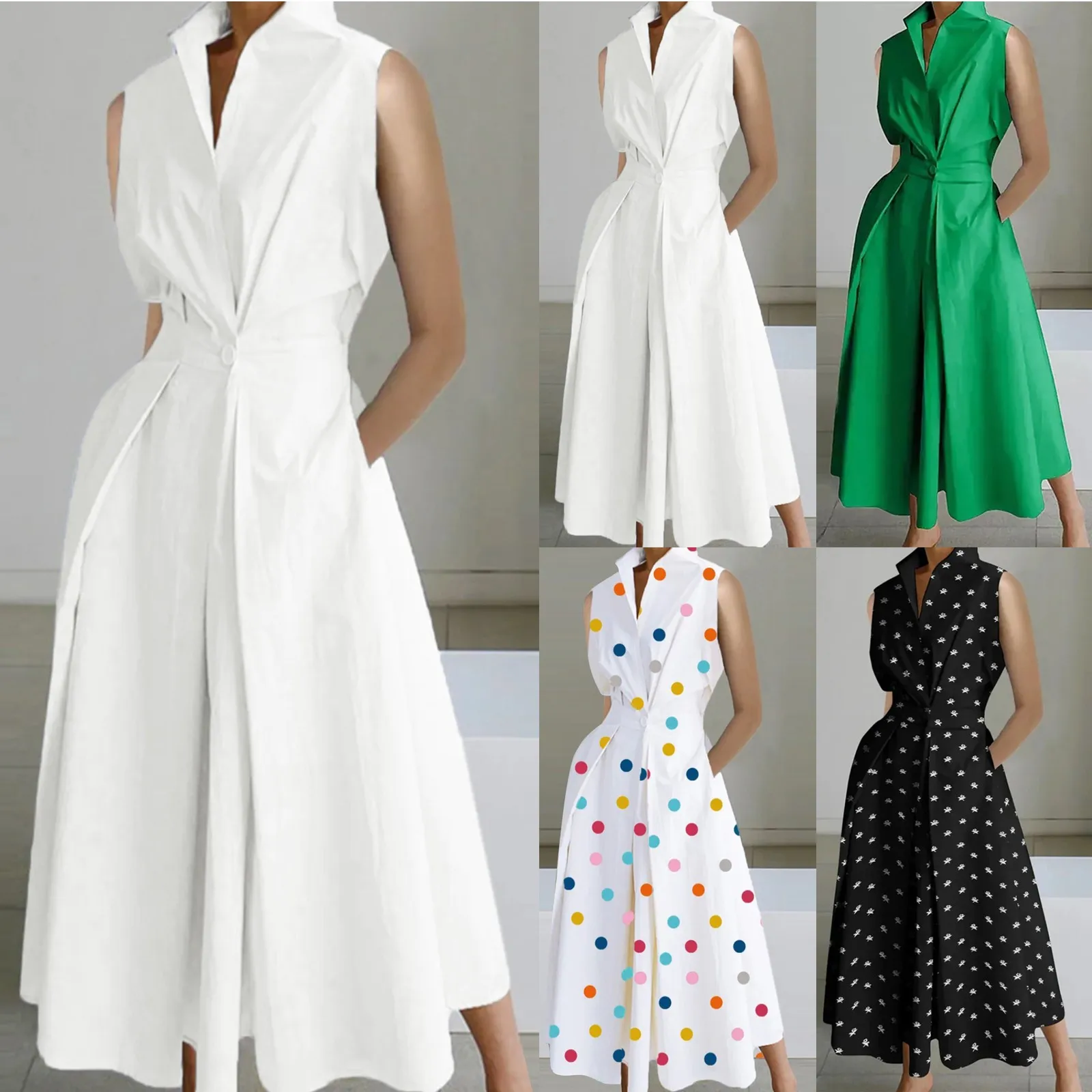 

New Summer Fashion Wave Dot V Neck Women's Button Fishtail Dress Lapel With Pocket T Shirt Dresses