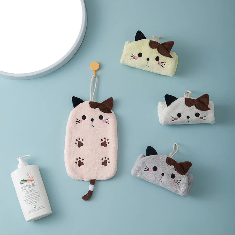 

HMT 1Pcs Absorbent Cat Embroidered Hanging Type Hand Towel Coral Velvet Dual Purpose Home Decoration Coral Velvet Bathroom