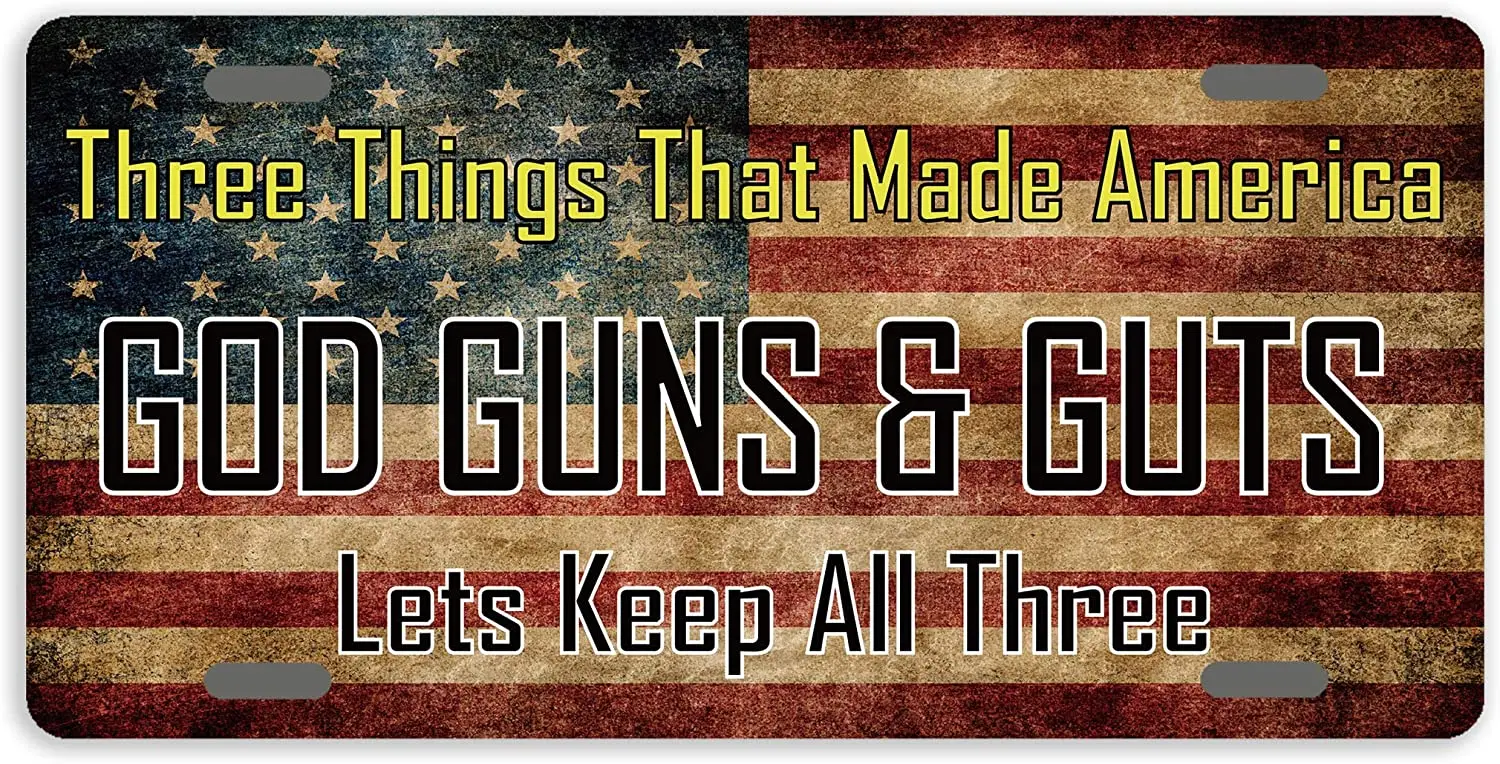 

AnweiLicense Plate Three Things That Made America God Guns Guts License Plate Cover Decorative Car Tag Sign