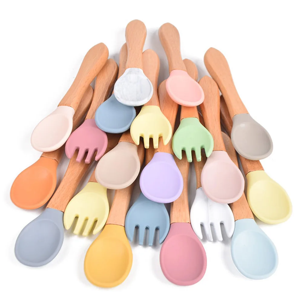 

2pcs Kids Soft Silicone Feeding Solid Food Wooden Handle Spoon Fork Food Grade Baby Health Children's Tableware