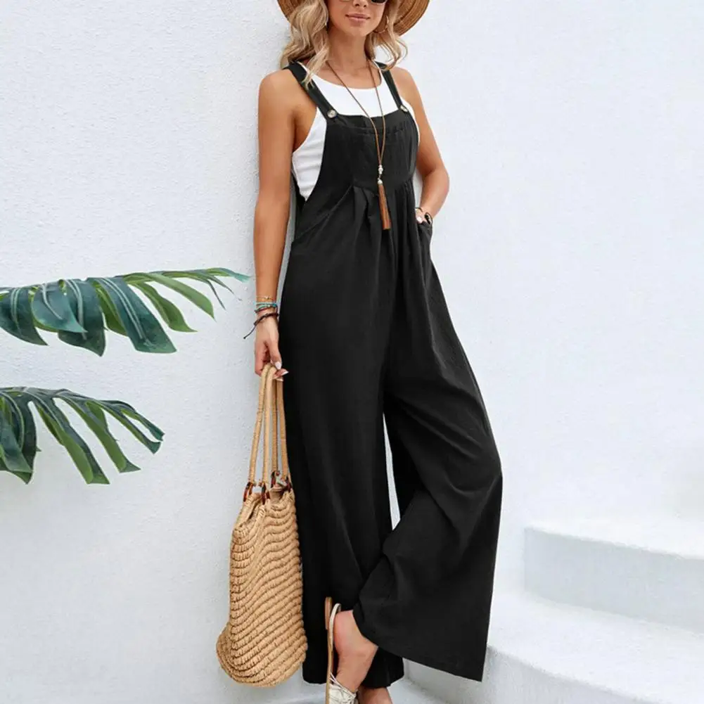 

Summer Jumpsuit Soft Wide Shoulder Straps Loose Fit Summer Solid Color Straight Wide Leg Jumpsuit Women Jumpsuit Versatile