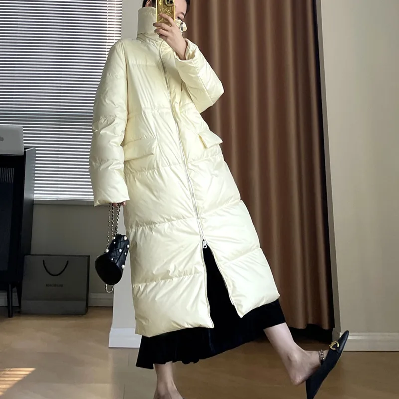 

Women's Lapel Double Side Zipper Up 90% White Duck Down Jacket Hooded 2022 Winter Drawstring Long Warm Coat