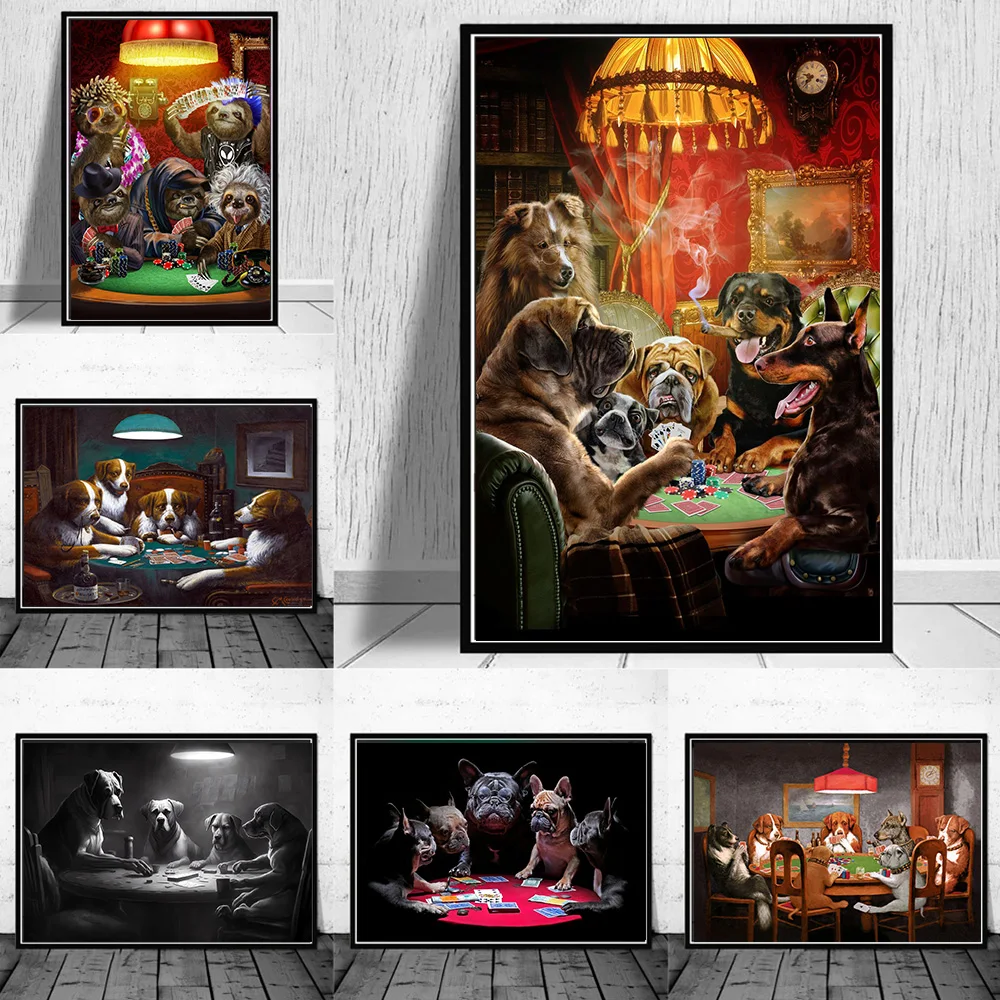 

Funny Animals Party Cat Dog Sloth Playing Poker Billiards Cartoon Graffiti Wall Decor Painting Modern Room Canvas Poster Picture