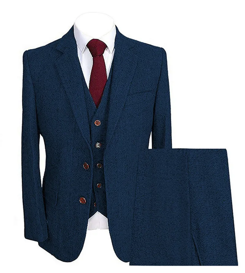 

3 Piece Groom Wool Wedding Formal Tuxedo Business Tailormade Tuxedos Blazer & Pants & Vest For Wedding Mens Herringbone Suits 19
