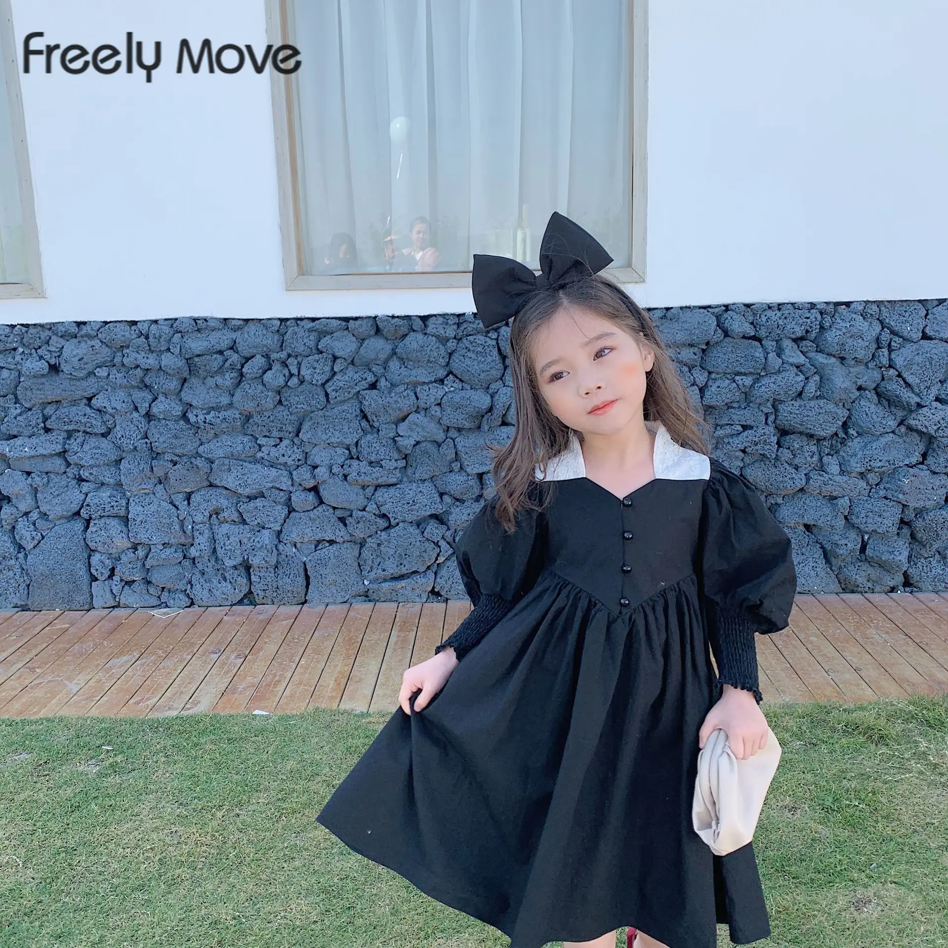 

Freely Move Spring Autumn Baby Girls Cotton Fashion Puff Sleeve Dress Korean Style Girl Long Sleeve Lapel Cute Dresses