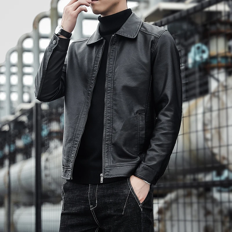 Повседневная мужская куртка из искусственной кожи весна-осень однотонное