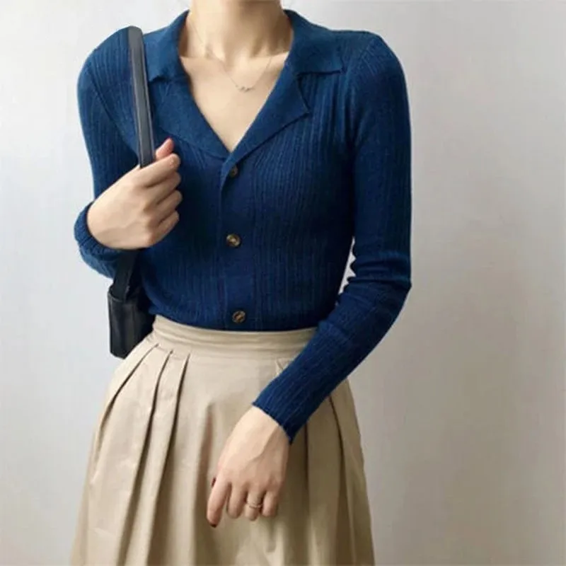 

Sweaters Women Notched Office Lady Elegant Simple Korean Style Ulzzang Cardigans Long Sleeve Slim Casual Knitting Female Fashion