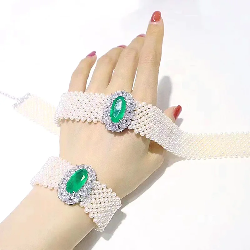 

ZOCA Luxury Pearl 925 Sterling Silver Emerald Zircon Bracelet Jewelry Set Women's Gift Party Wedding