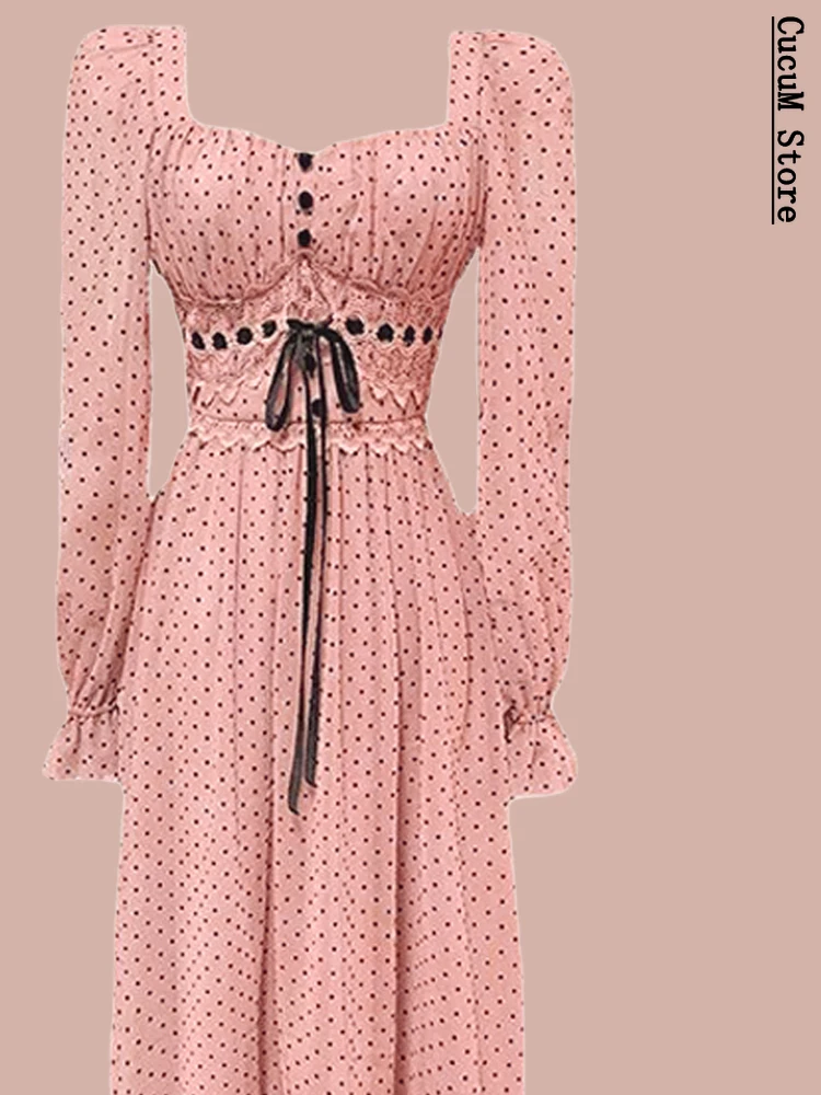 

2022 Summer Dot One Piece Dress Korean French Vintage Midi Dress Women Square Collor Office Elegant Dress Evening Party Female