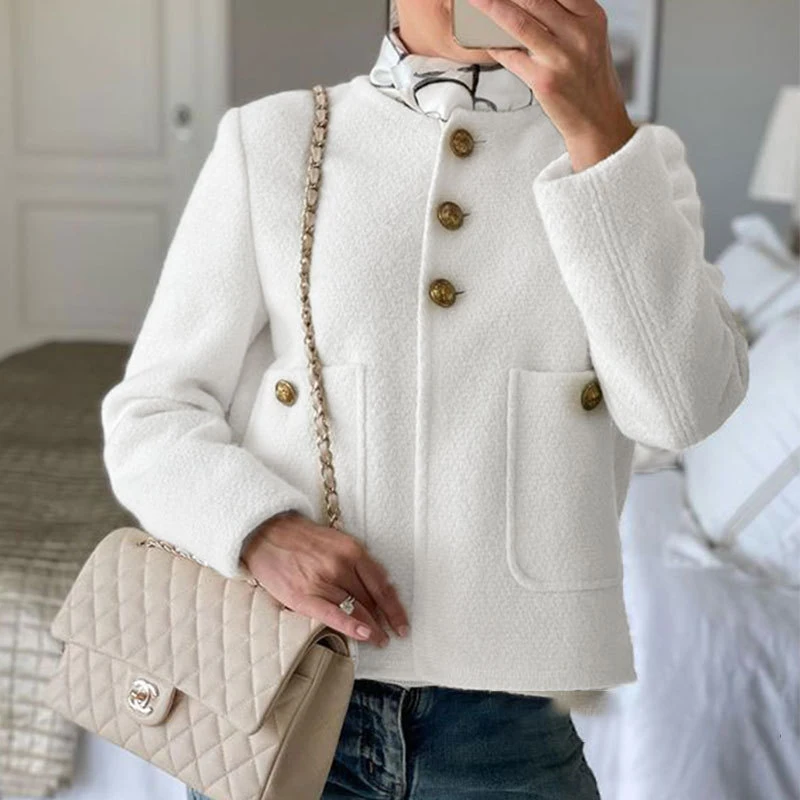

Women's Autumn New Fashion Solid Round Neck Loose Long Sleeve Button Pocket Casual Versatile Woolen Coat