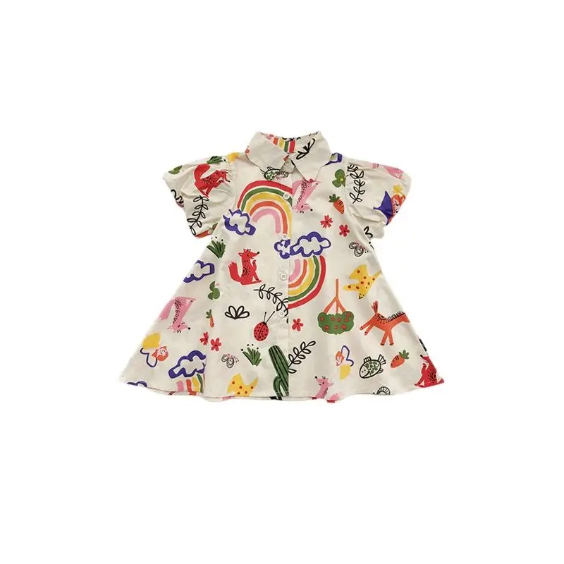 

Girls' dress 2023 summer new Korean version of graffiti style cotton lapel short-sleeved shirt skirt baby clothing 2-8T kids clo