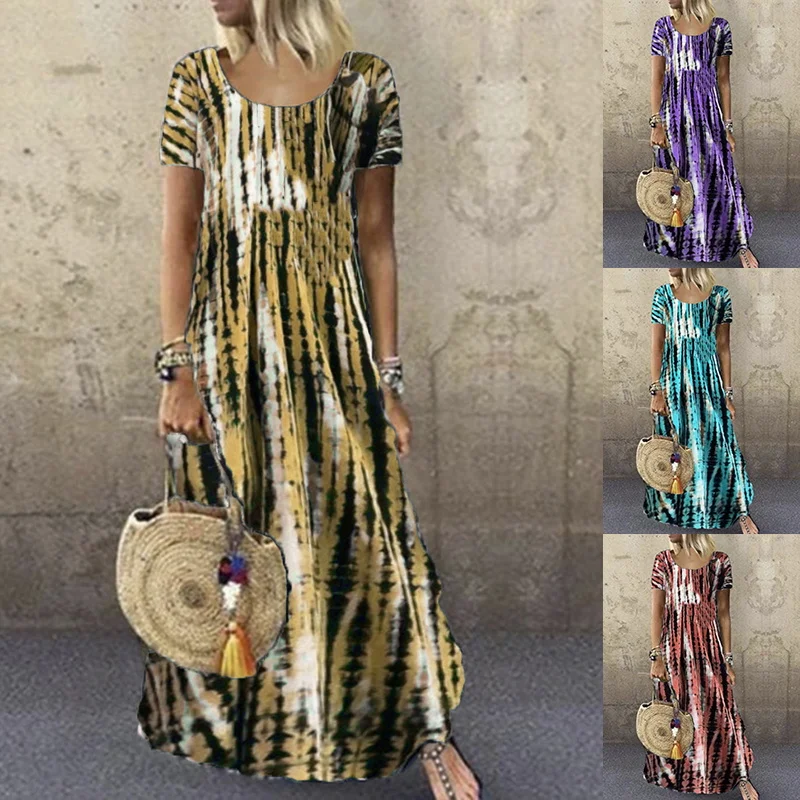 

Fashion Vintage Tie Dye Print Big Hem Long Dress Women O-Neck Short Sleeve Pullover Elegant Dress 2023 Summer Casual Loose Skirt