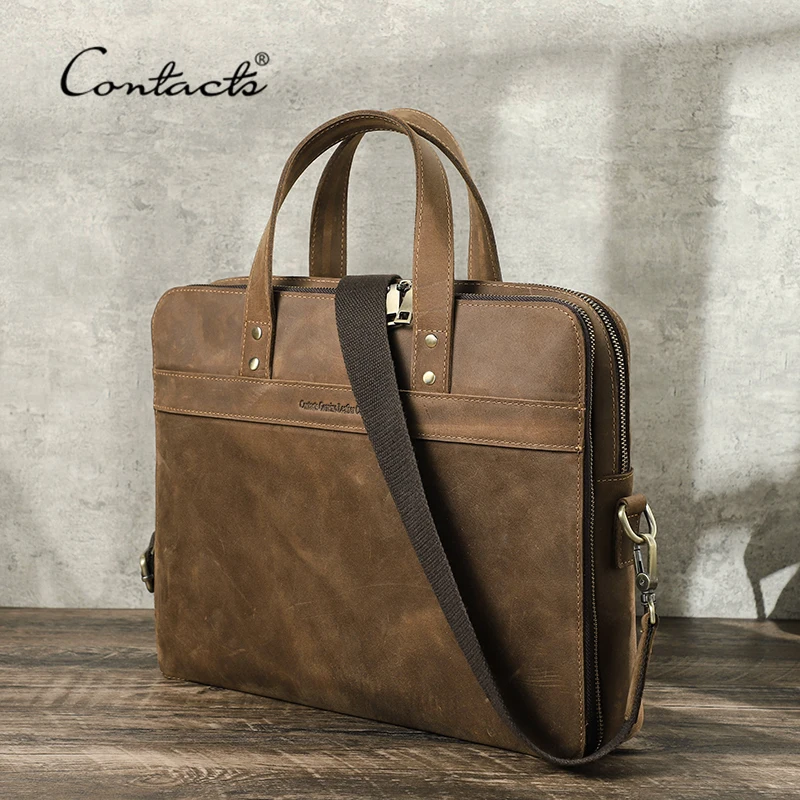CONTACT'S Genuine Leather Men Briefcase Vintage Large Laptop Bag for 14 Inch Shoulder Messenger Bags Male Business Tote Handbag