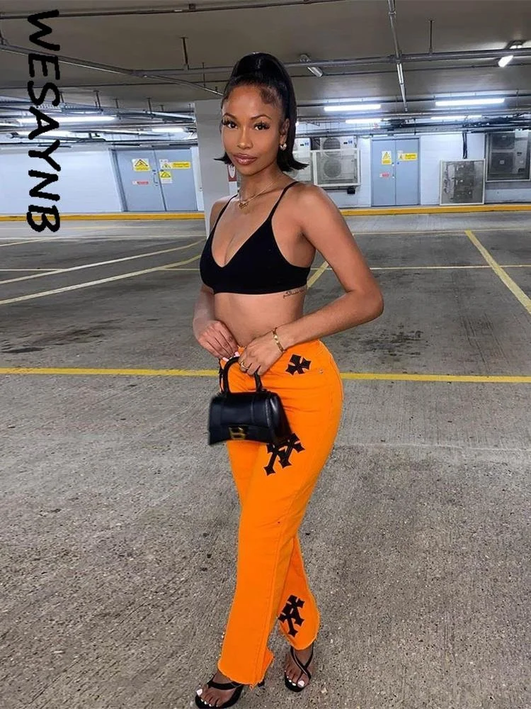 

Оптовая продажа y2k одежда повседневные джинсы оранжевые брюки для женщин 2022 модные джинсовые брюки с высокой талией и карманами мешковатые брюки уличная одежда