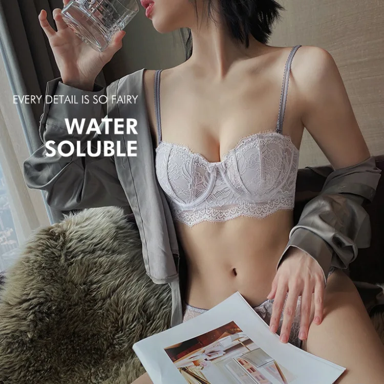 

French 1/2 cup strapless lace thin gathered underwear large chest small closed accessory breast anti-sagging half cup bra