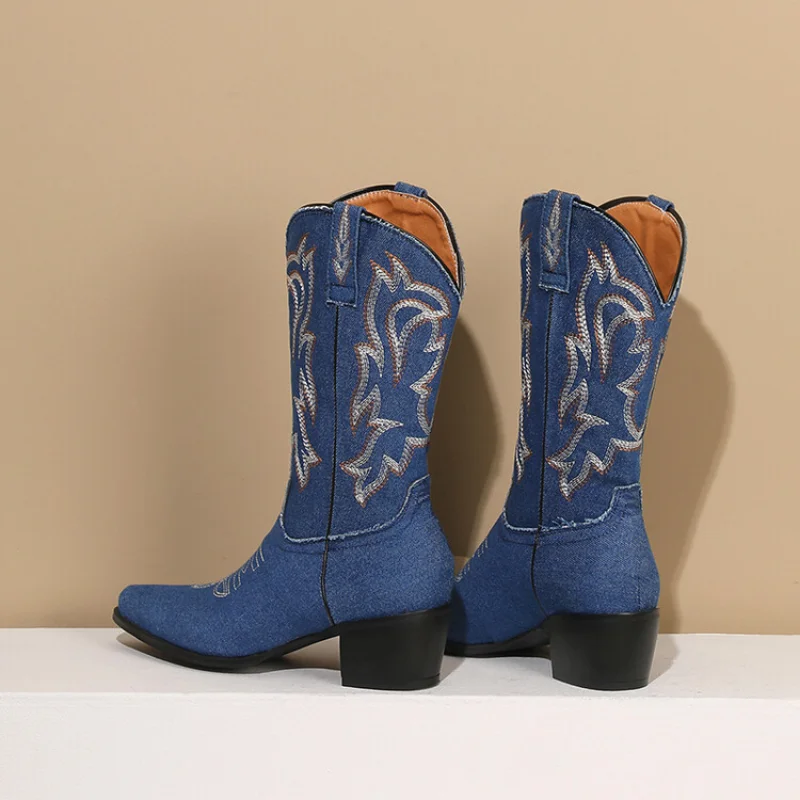 Chunky Western Cowboy Boots for Women Summer V-cut Embroidered Sleeve Doc Martens Slim Vintage Mid-leg Knight Short BootsA-904-2