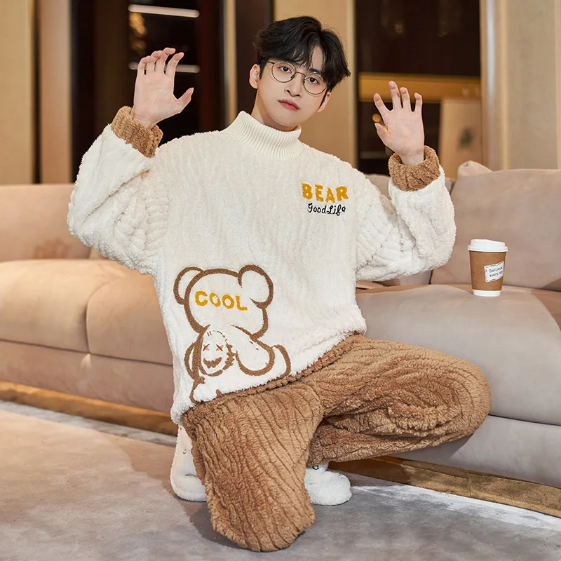 QUHENG Flannel Men's Pajama Pants Set Woman Winter Thick Warm Sleepwear for Couples Casual Loose Costumes Home Clothing Set