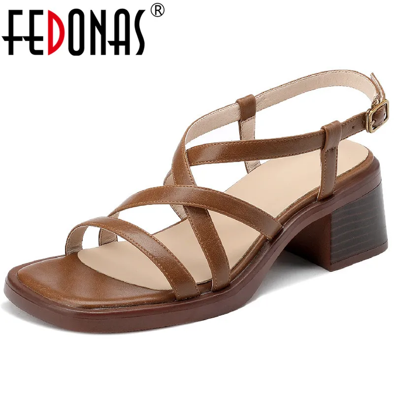 

FEDONAS New Arrival Summer Women Sandals Retro Rome Style Narrow Band Genuine Leather Thick Heels Working Casual Shoes Woman