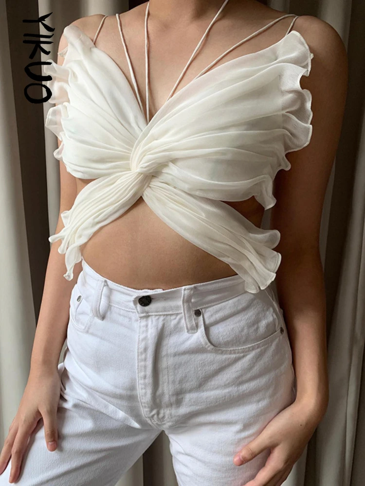 

YIKUO 2022 White Butterfly Crop Top Backless Sexy Halter Neck Summer Hollow Out Women Tank Tops Y2K Sleeveless Cami Party
