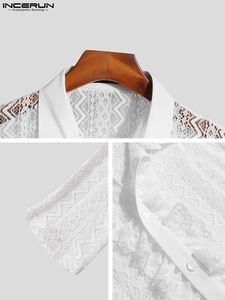 Party Nightclub Men's Ruffled Hollow Lace Blouse Stylish Male See-through Lapel Long-sleeved Thin Shirts S-5XL INCERUN Tops 2022