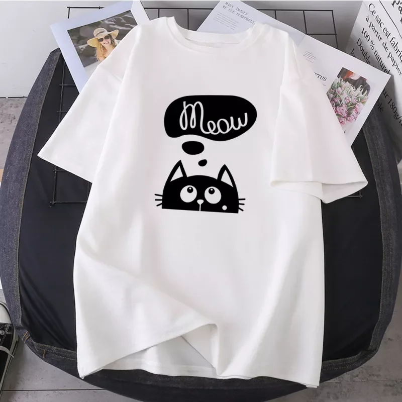 

2022NEW Shorts Sleeve Tops Tees Hip Hop Meow Funny Cat Camisetas O-neck Lady Clothes K-pop Shirts Casual Leisure Female T-shirts