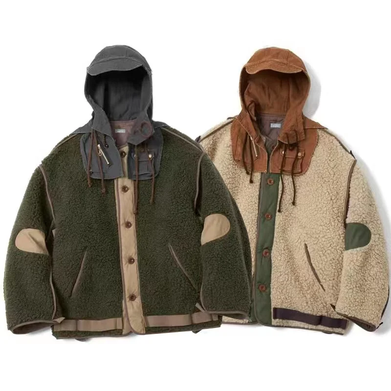 

22AW KOLOR Aberunyi Bicolor Fleece Clip Cotton Detachable Splicing Batik Wash Water Men's Jacket Hooded Khaki Winter Loose Coat