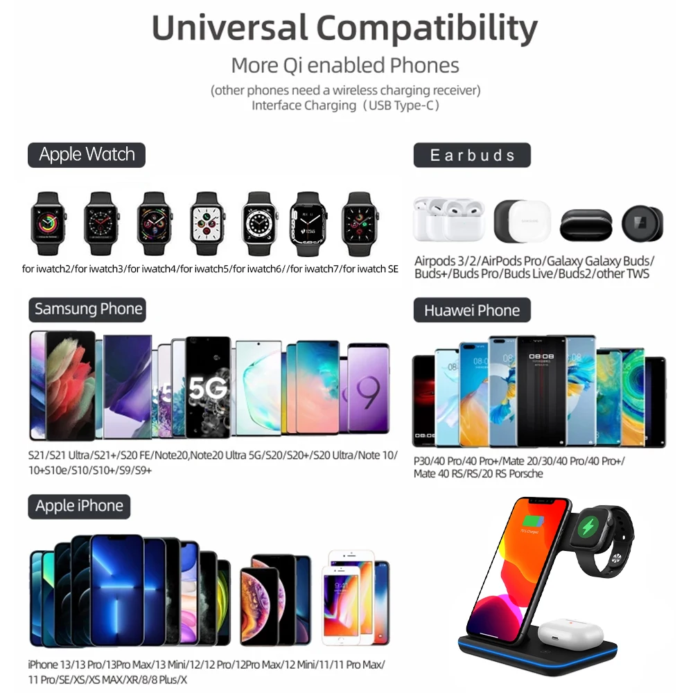 3 in 1 Wireless Charger Stand 15W Qi Fast Charging Dock Station for Apple Watch iWatch S8 AirPods Pro For iPhone 14 13 12 XS XR