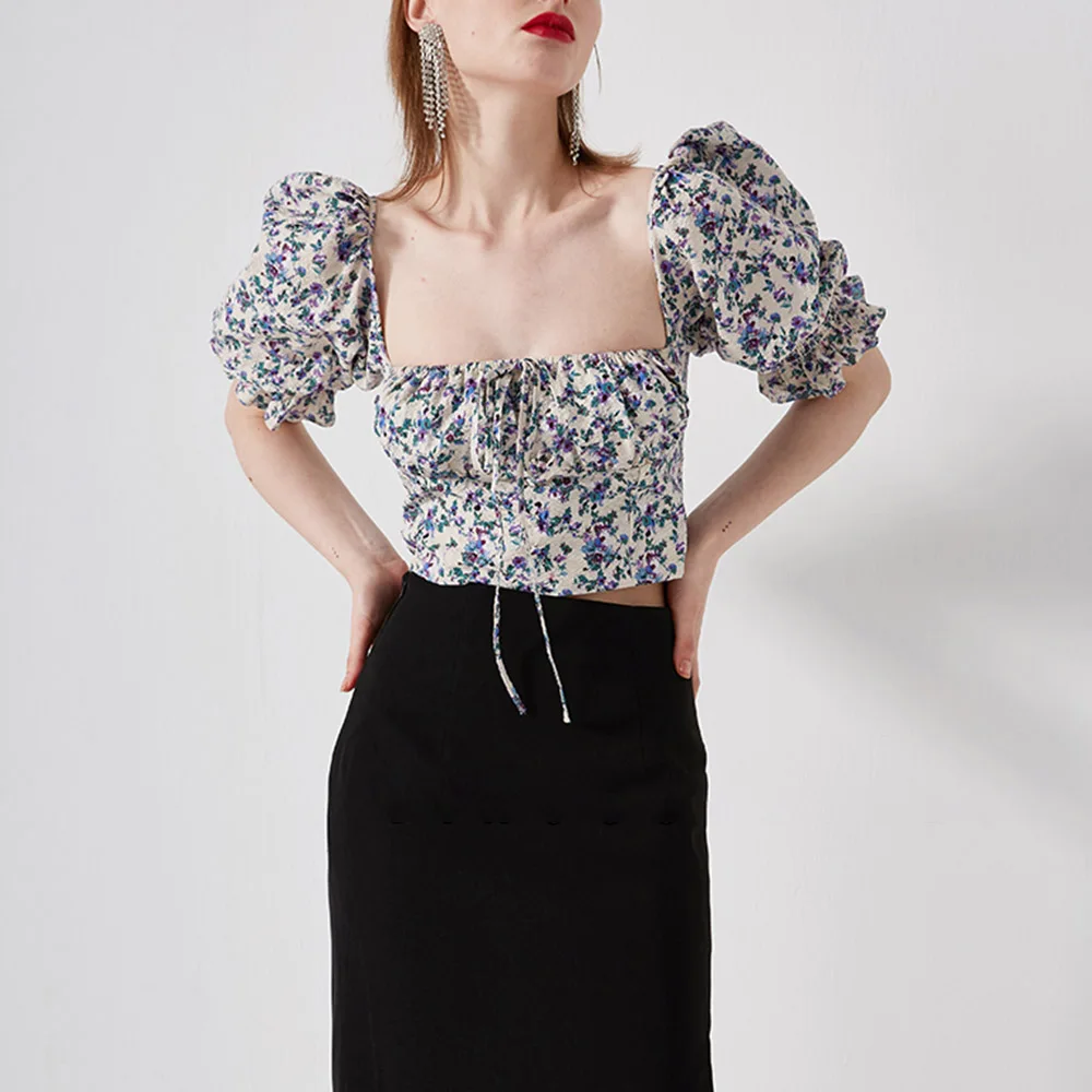 

Blouse Women Chic Square Neck Plaid Women Blouses Spring Short Sleeves Ruffled Smocking Blouse Female Casual Fashion Crop Tops