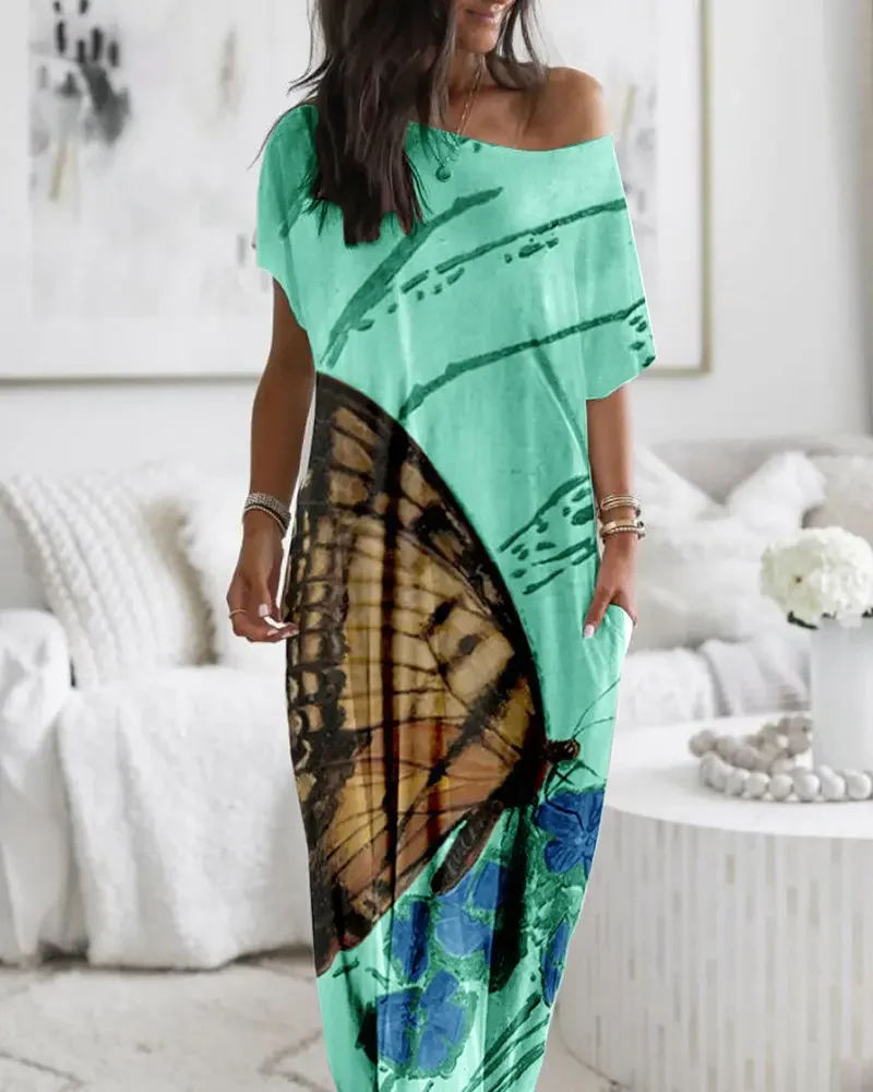 

2022 Summer Woman Chic Round Neck Butterfly Print Pocket Design Casual Short Sleeve Maxi Dress