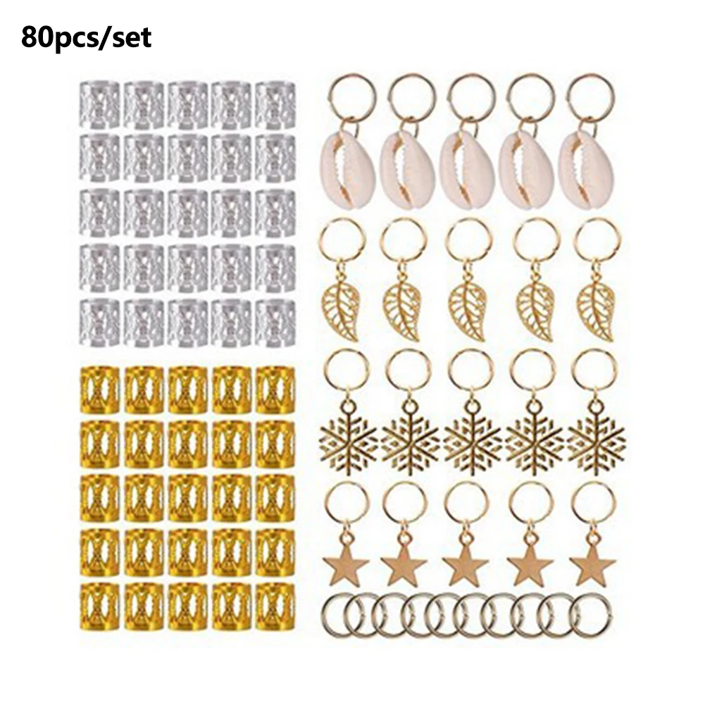 

80pcs Jewelry Pendants Leaves Easy Use Rings Loops Polished Tubes Stars Metal Cuffs Dreadlocks Clips Decorative Hair Braid Set