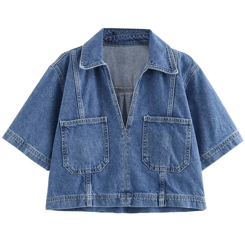 Женская однотонная джинсовая блузка с коротким рукавом от HXAO повседневный