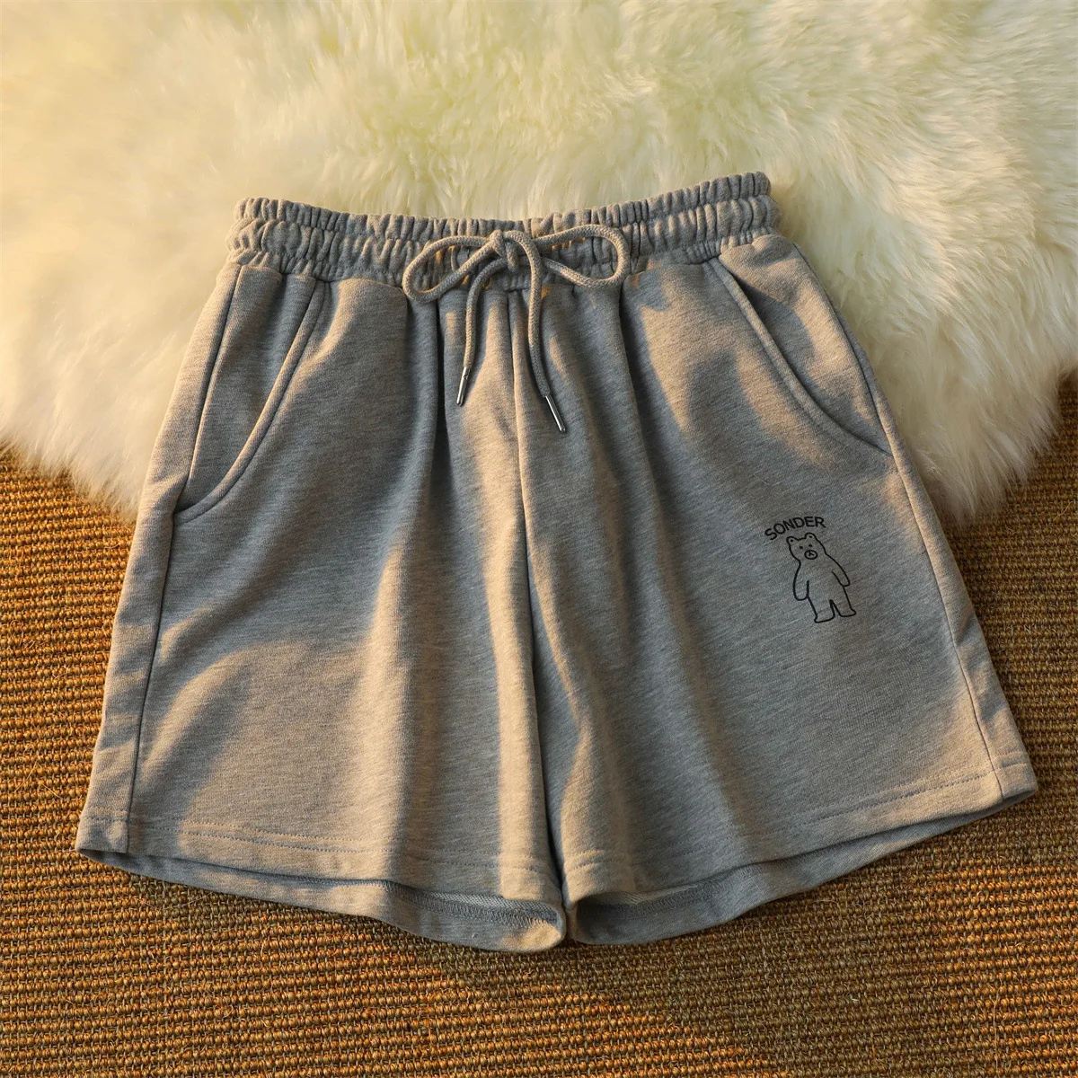 High Waist Women Shorts Korean Cartoon Bear Embroidery Shorts Casual Loose Cotton Wide Leg Sport Shorts Female Summer Bottoms
